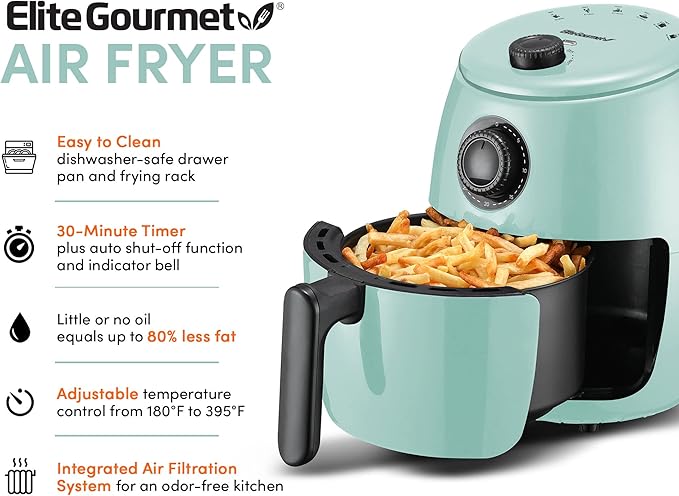 Elite Gourmet EAF0201BLX Personal Compact Space Saving Electric Hot Air Fryer Oil-Less Healthy Cooker, Timer & Temperature Controls, 1000W, 2.1 Quart, Mint