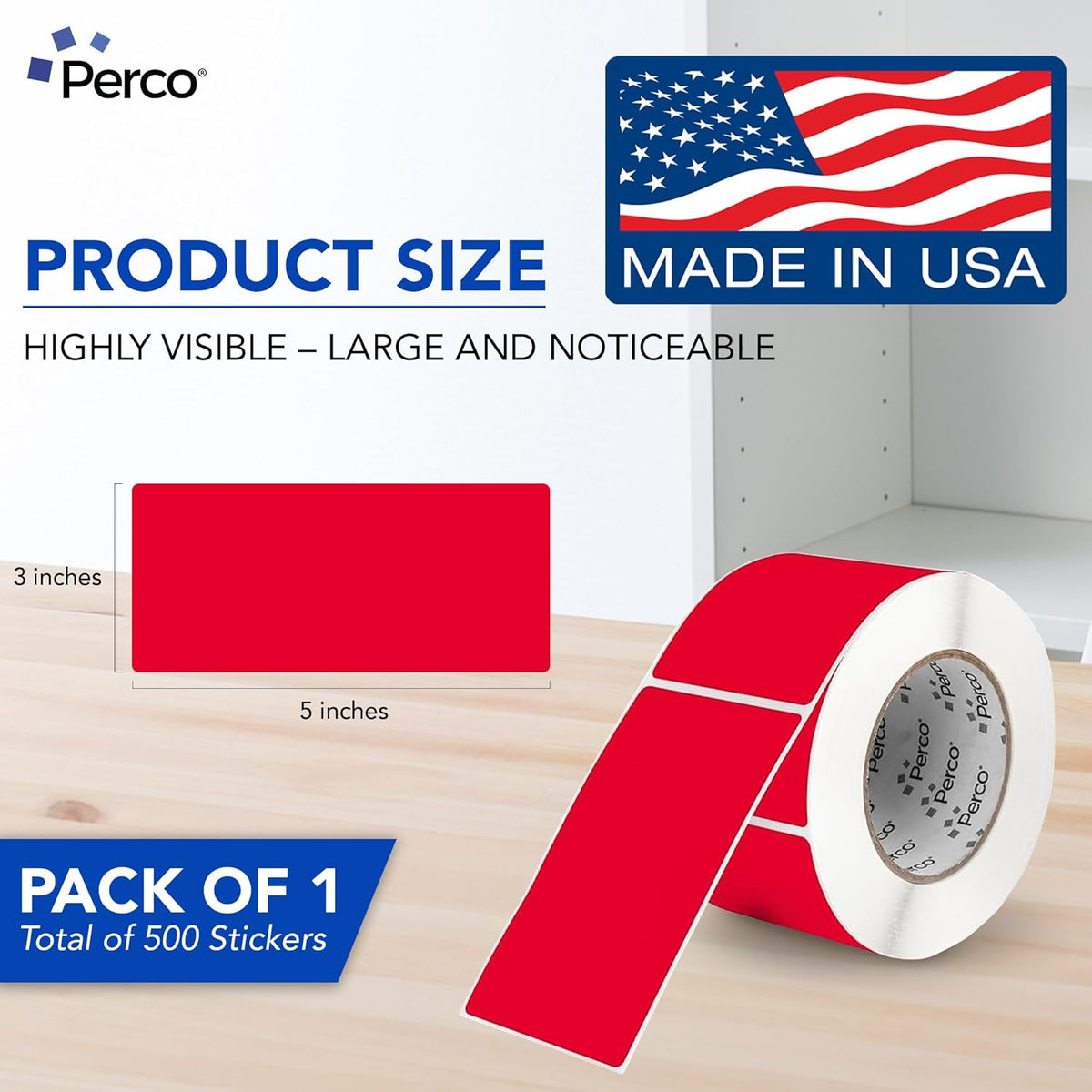 Perco Red Labels 3x5 Inch 500 Stickers/Roll with Easy Peel Perforation and Strong Adhesion for Inventory Management, Color Coding, Moving Boxes, Retail, Organizing & Crafts – Made in USA