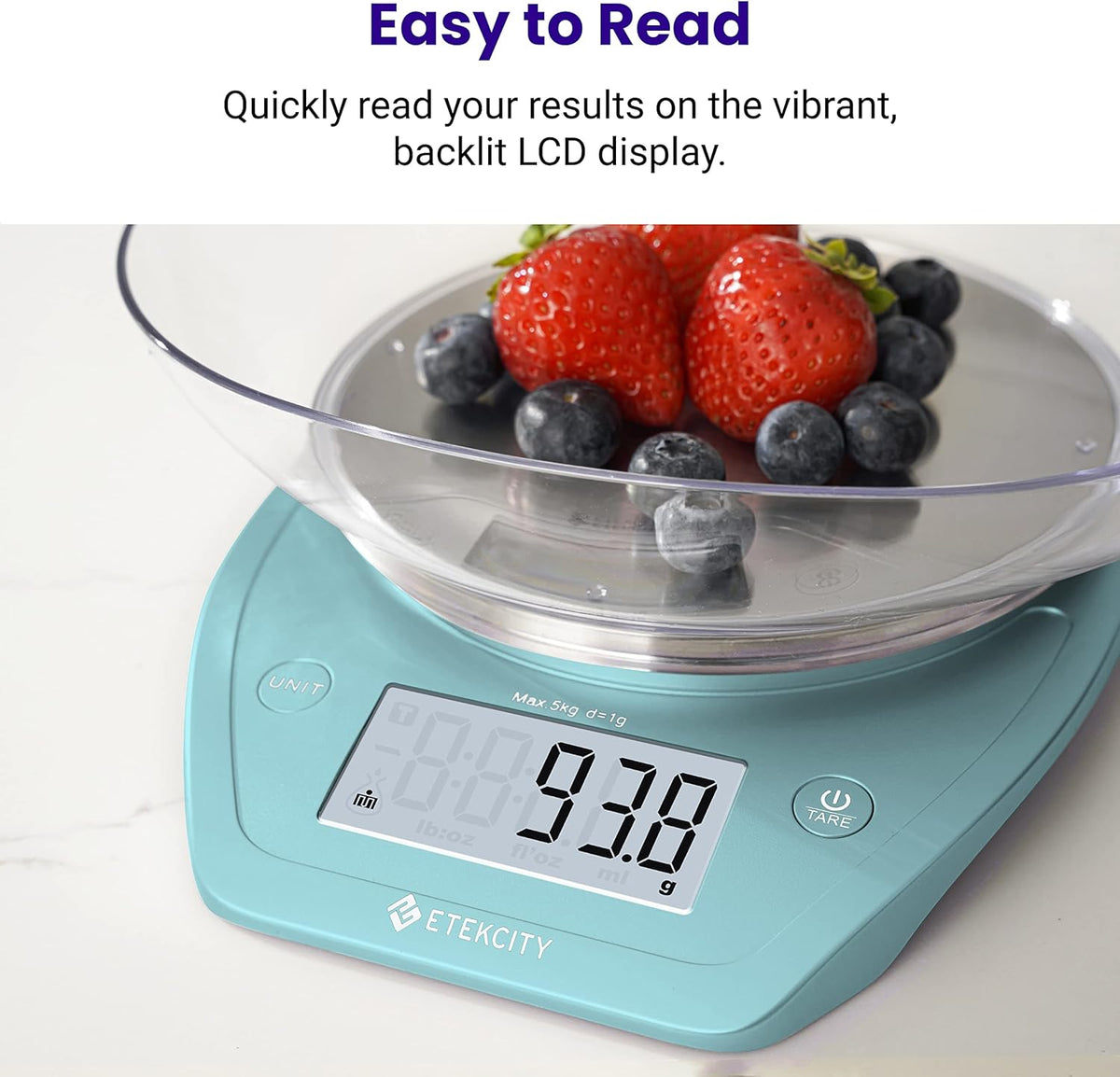 Etekcity 0.1g Food Scale, Bowl, Digital Grams and Ounces for Weight Loss, Dieting, Baking, Cooking, and Meal Prep, 11lb/5kg, Bright Blue