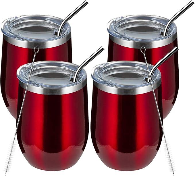 MEWAY 12oz/4 Pack Wine Tumbler Glasses with Lid - Stemless Double Wall Vacuum Stainless Steel Travel Tumbler - Keeping Cold & Hot for Wine,Coffee,Cocktails,Gifts (Burgundy,Set of 4)