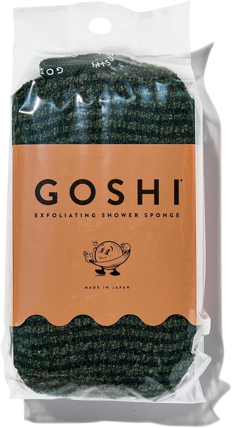 GOSHI Exfoliating Shower Sponge - Rip-Resistant, Rapid-Drying Exfoliating Bath Sponge for All Skin Types - Moss Green - Made in Japan