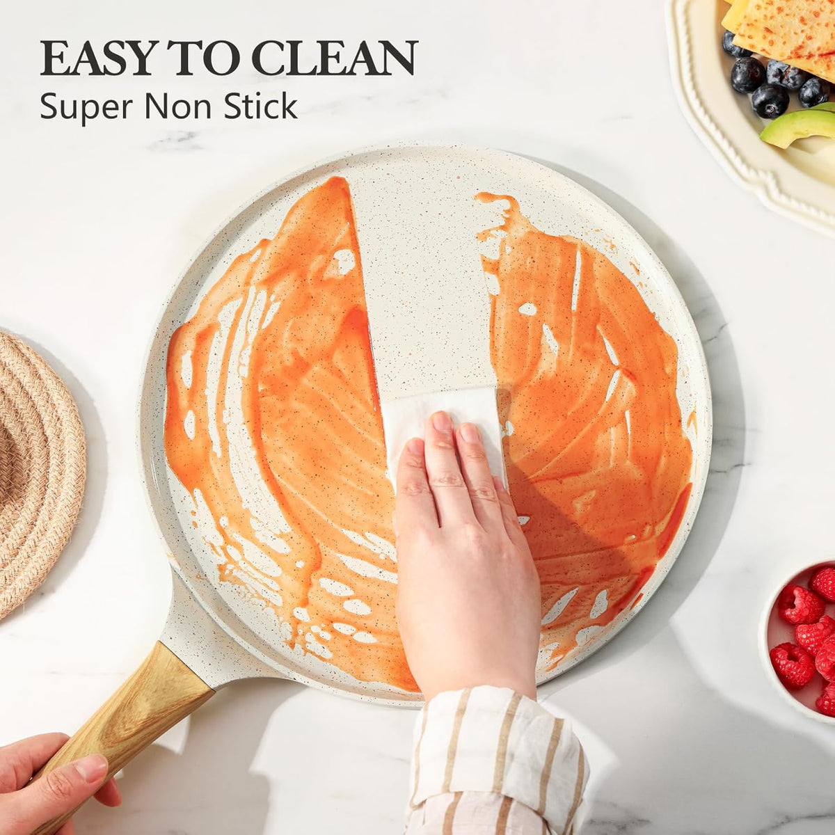 SENSARTE Nonstick Crepe Pan with Spreader, 12-Inch Natural Ceramic Coating Dosa Pan Pancake Flat Skillet Tawa Griddle with Stay-Cool Handle, Induction Compatible (White)
