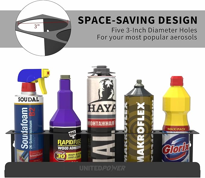 UNITEDPOWER 5 Aerosol Spray Can Holder, Paint Bottle Storage Rack, Steel Wall Mount Shelf, Tool Organizer for Garage, Craft Workspace and Home