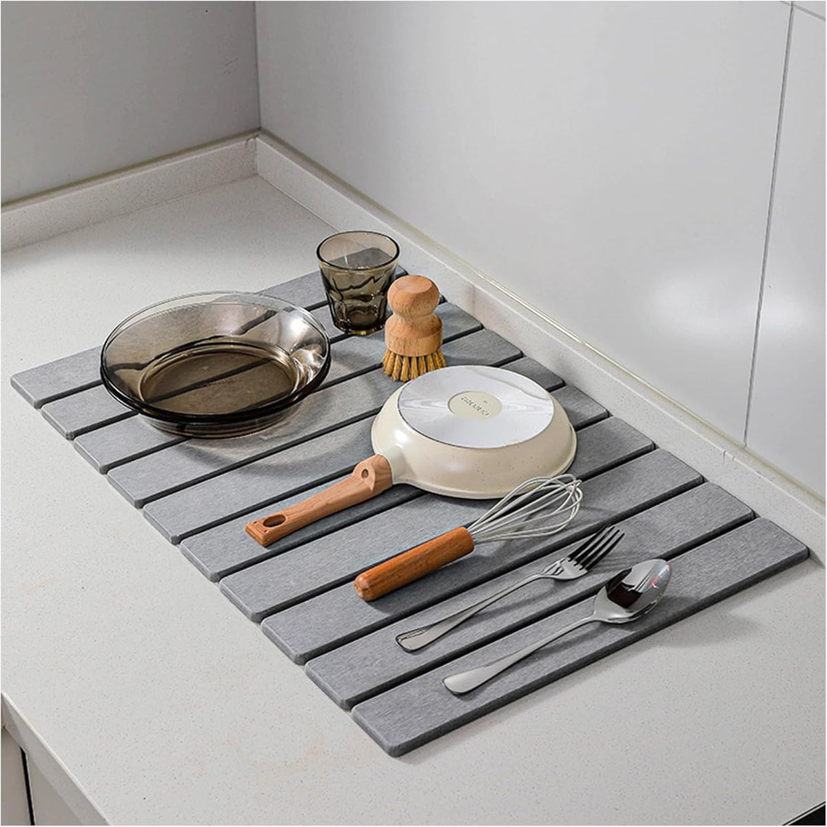 Stone Drying Mat for Kitchen Counter, Stone Dish Drying Mat Foldable, Super Absorbent Diatomaceous Earth Quick-drying Draining Mat for any Kitchen Countertop (Medium Gray B, 23.6”x15.4”)