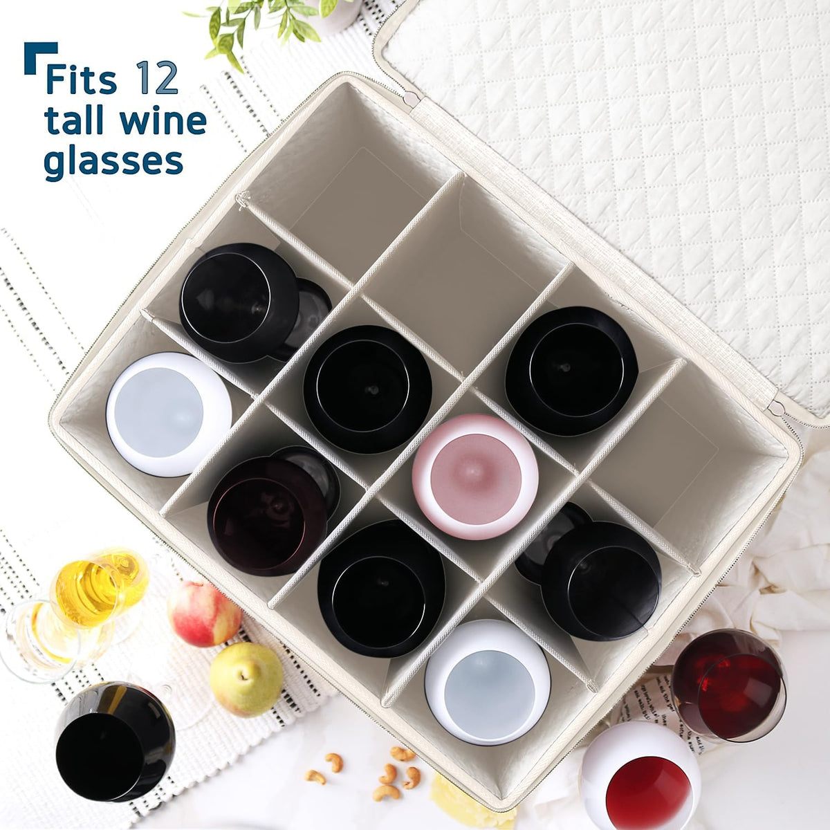 Hearth & Harbor Wine Glass Storage Box with Dividers, Quilted and Stackable Stemware Storage Cases, Service of 12 Glass China Container Hard Shell for Moving and Organization, Cream