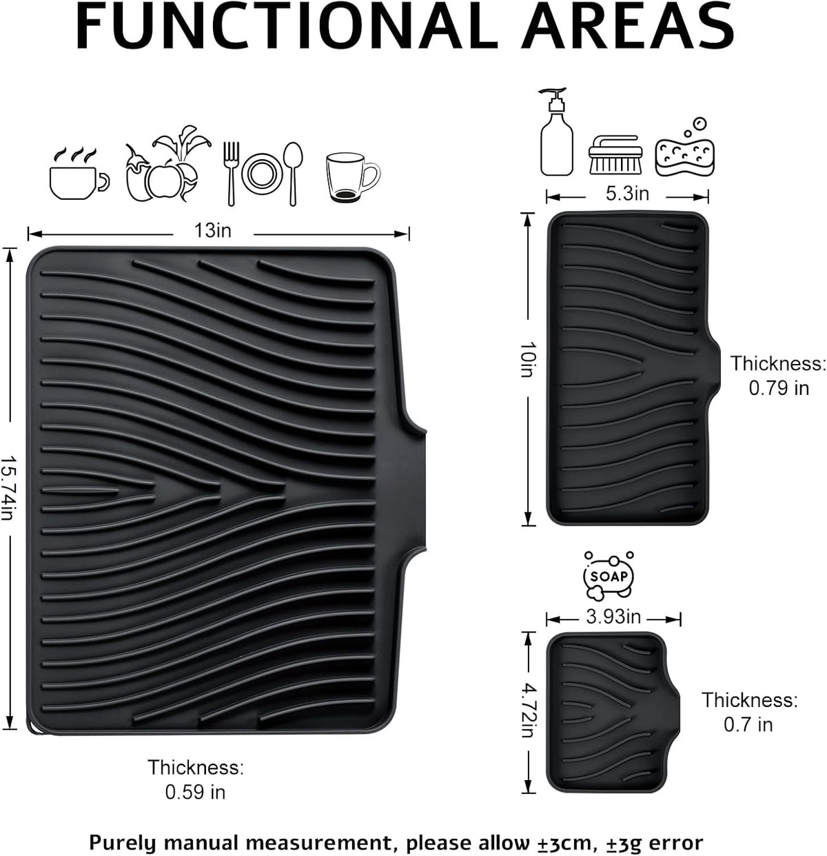 Silicone Dish Drying Mat for Kitchen Counter, Dish Drying Pad, Non-Slip Drain Pad with Built-in Drain, Heat Resistant Stone Drying Mat, 3 pcs (Black)