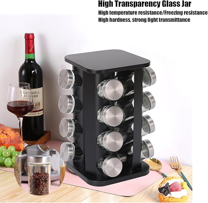 Spice Rack, Rotating Countertop Spice Rack Organizer, 16 Jars, Black, Stainless Steel