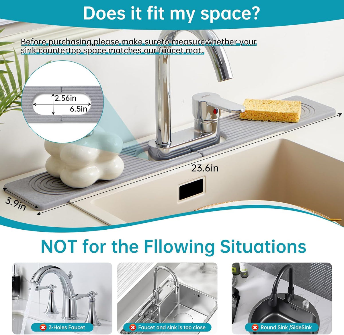 Stone Faucet Mat for Kitchen Sink with Oval Hole – 23.6" × 3.9" Diatomite Drying Stone Mat & Sink Protector, Quick-Dry Splash Guard Water-Absorbing Tray for Bathroom Counter（Gray.23.6" x 3.9"