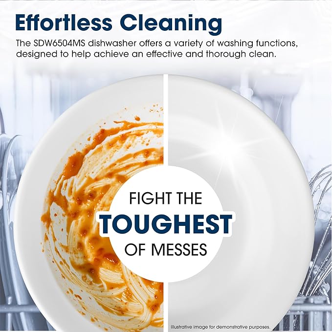 Sharp SDW6504MS Stainless Steel Dishwasher, 24-inch Pocket Handle, 52 dB, Hybrid Tub, 12 Place Settings, 5 Cycles, Heated Dry