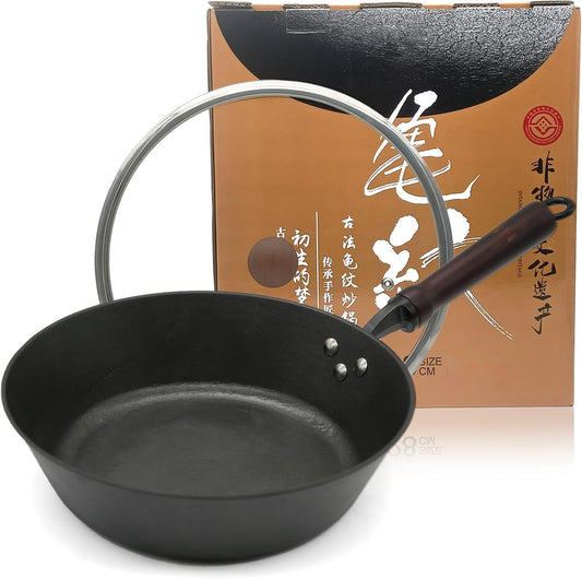 11 Inch ICH Cast Iron Saute Pan with Lid - Handcrafted Clay Mold, Tortoise Shell Texture for Non-Stick, Pre-Seasoned Deep Frying Pan Skillet for All Cooktops & Oven Safe