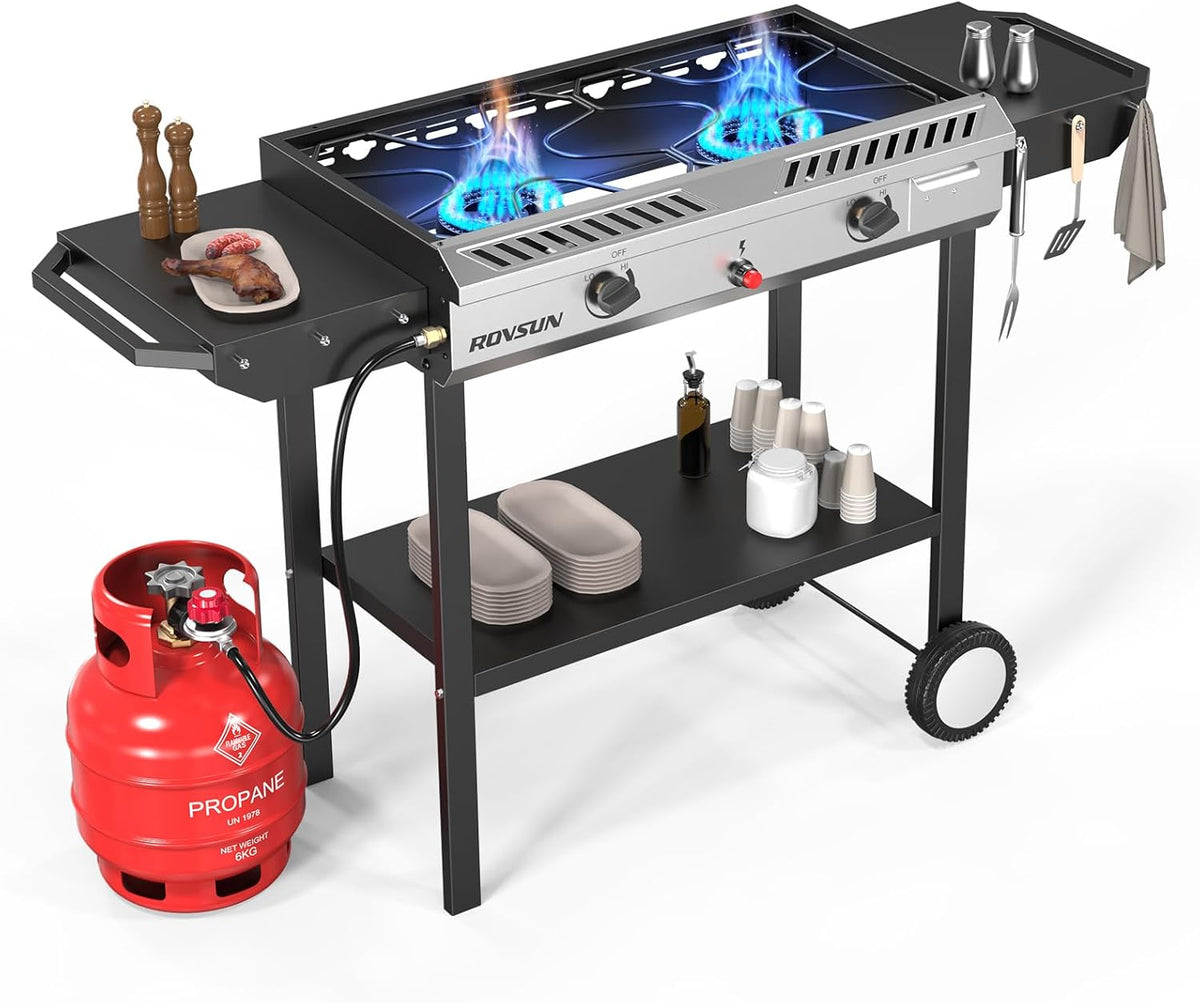 ROVSUN 2 Burner Outdoor Propane Gas Stove with Auto-ignition, Regulator & Shelf, 150,000 BTU Powerful Stand Cooker for Backyard Patio Cooking Home Brewing Canning Turkey Frying
