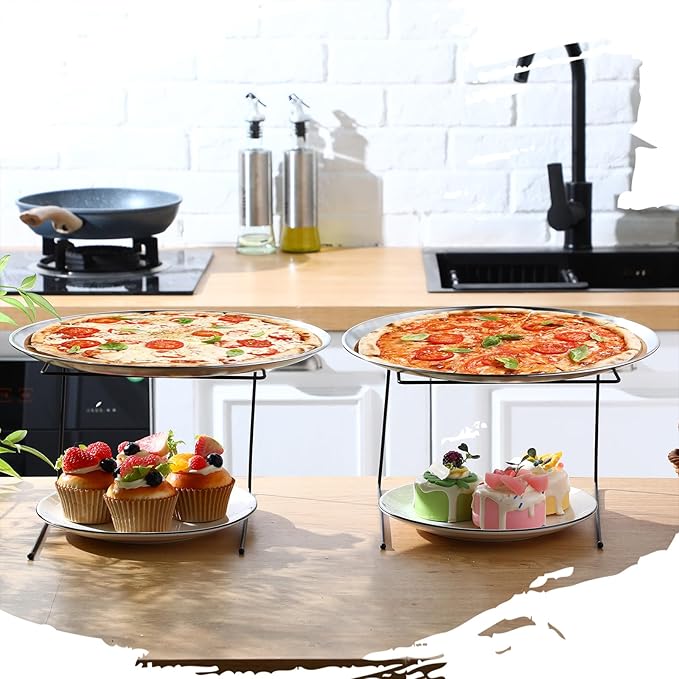12 Pcs Pizza Stand Set: 4 Metal Stands, 4 Pizza Pans, 4 Spatulas for Weddings, Party(Silver,Classic)