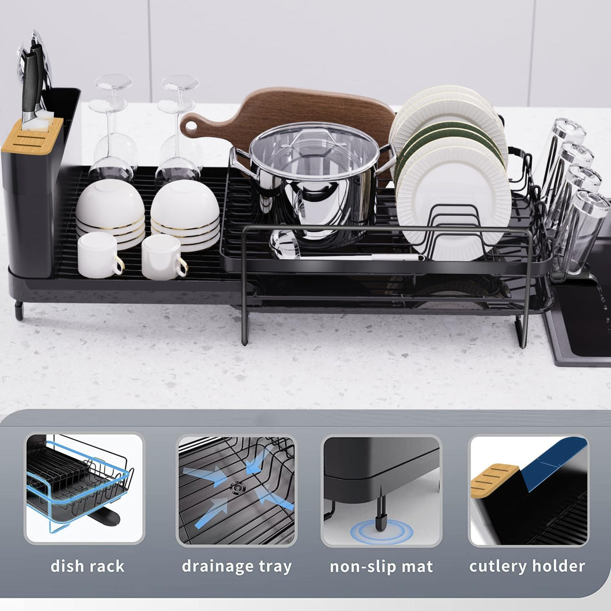Runnatal Large Dish Drying Rack with Drainboard Set, Dish Rack, Extendable Dish Rack, Utensil Holder, Cup Holder, Expandable Dish Drainer for Kitchen Counter