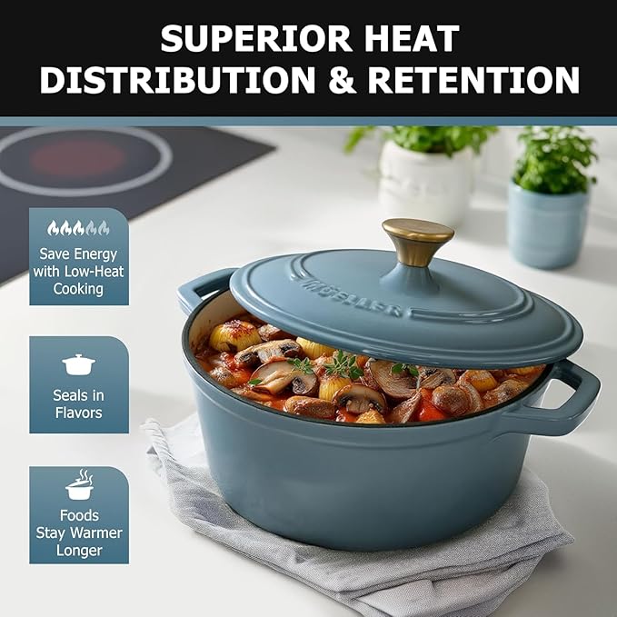 Cast Iron Pot Dutch Oven, Heavy-Duty, Oven-Safe up to 500° F & Across All Cooktops, Bread Pan with Lid & Knob, Cast Iron Cookware, Blue Kitchen Accessories, Mineral Blue