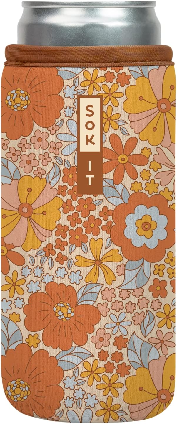 Sok It CanSok Sleeve for Beer & Soda Insulated Neoprene Cover (Flower Power, 12oz Slim Can Sleeve)