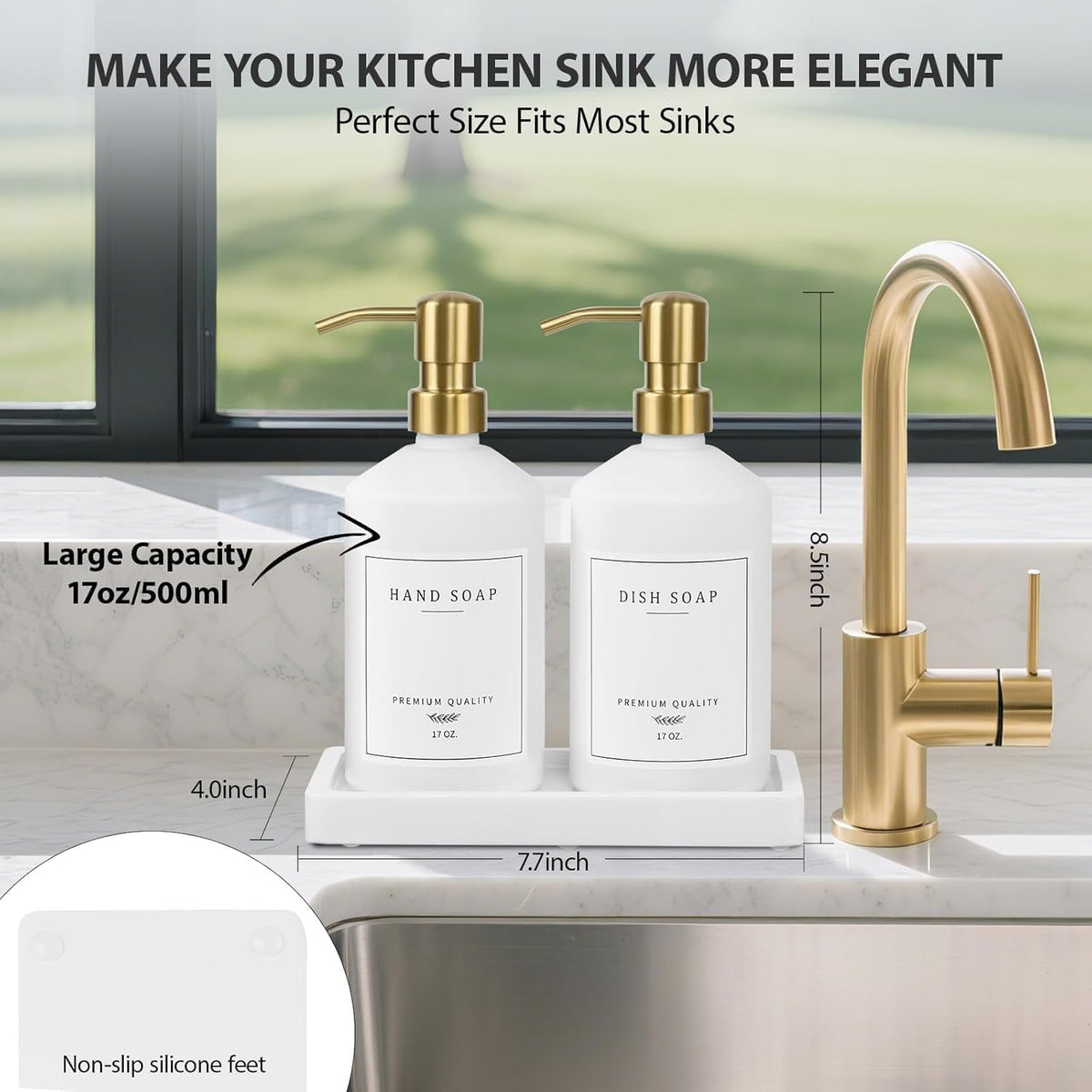 Gold Soap Dispenser Set, Glass Hand and Dish Soap Dispenser Set with Tray,Stainless Pump,14 Stickers for Kitchen,Bathroom Soap and Lotion Dispenser,Modern Counter Decor (White Bottle/Gold Pump)