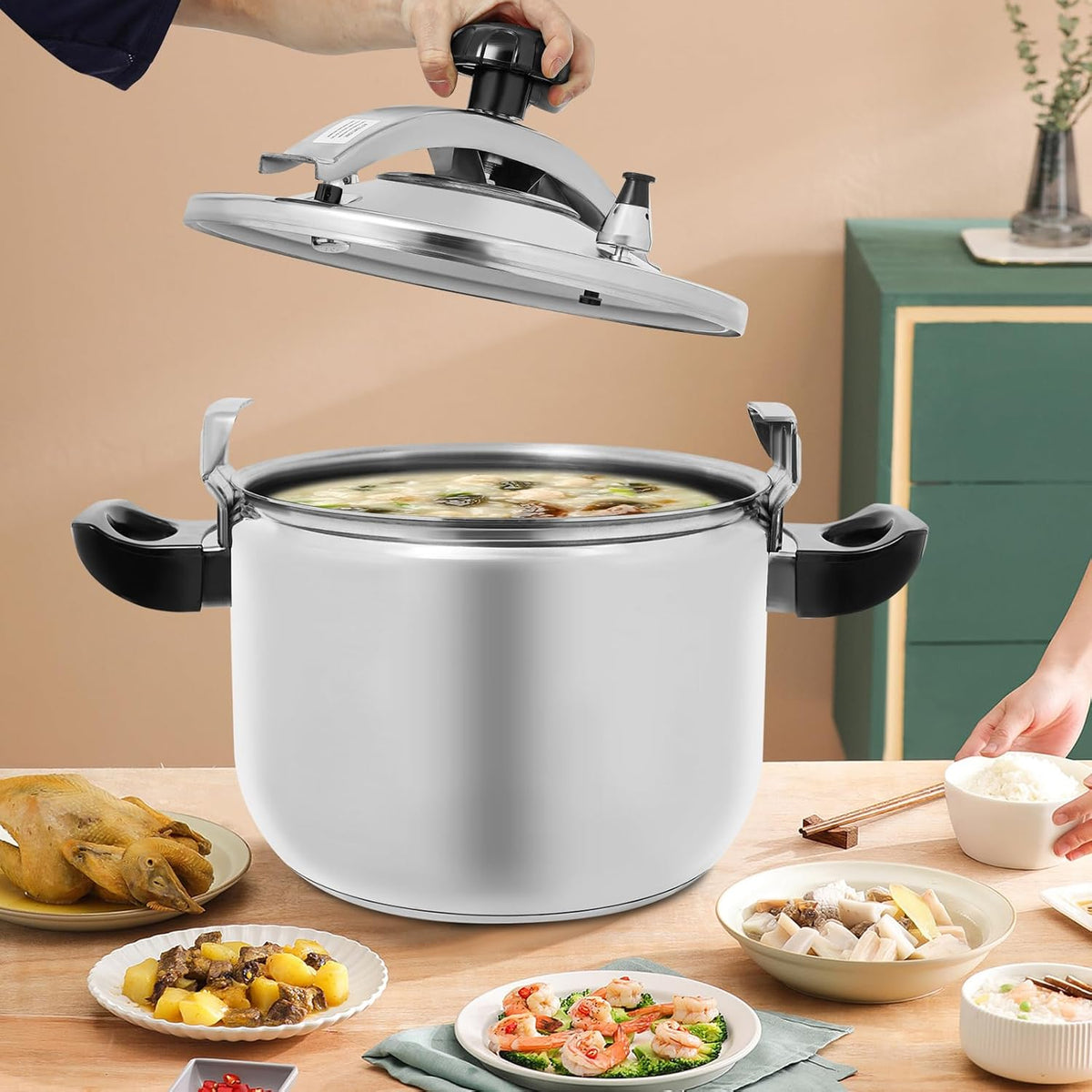 27.5 Quart Pressure Cooker Stainless Steel Pressure Canner, Large Capacity, Commercial Pressure Cooker Clamp On Type, Double Valves for Family or Commercial Use