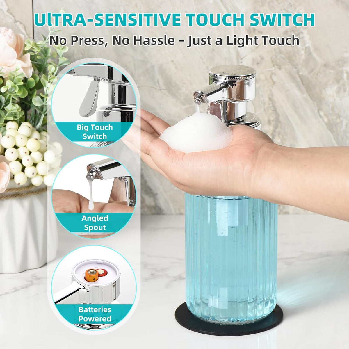 Automatic Foaming Soap Dispenser, 17oz Clear Glass Hand Soap Dispenser with ABS Touch Sensor Pump Battery Operated, Dish/Hand Soap Refillable for Bathroom Kitchen (Silver)