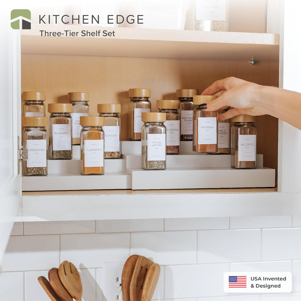 KitchenEdge Expandable Spice Rack Organizer for Cabinet, 3-Tier Shelf for Spice Organization (11” to 22”), Fits 36 Spice Jars, Seasoning and Pantry Storage, Non-Slip Feet, 100% Bamboo, White Finish