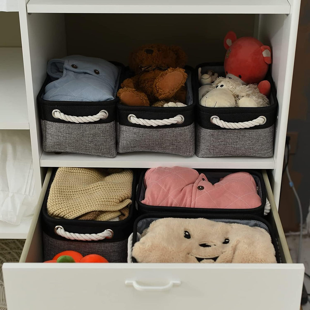 TheWarmHome Storage Basket for Organizing - 12x8x5.2 inch 1 Pack Fabric Storage Cubes, Baskets for Gifts Empty for Closet Organizer Dog Gift Cloth Toy (Grey & Black)