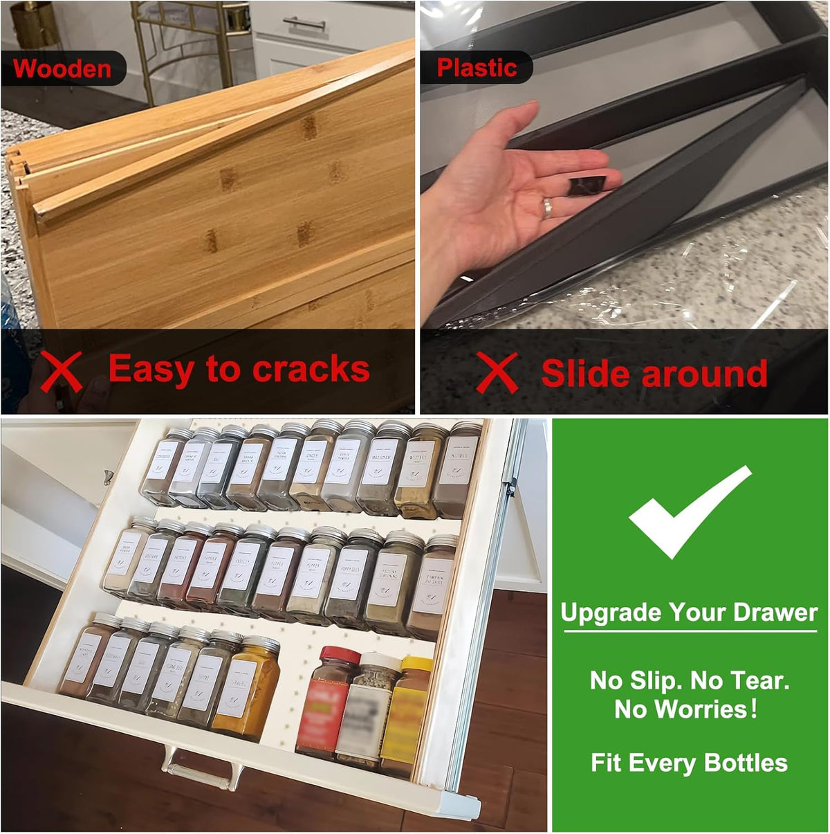 Gosmol Spice Drawer Organizer insert, Adjustable & Non-Slip Silicone Spice Drawer Liner, in Drawer Spice Organizer for Seasoning Jars and Spices Bottles Spice Rack -Pearl
