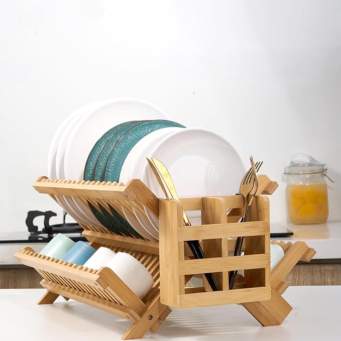 NOVAYEAH Bmaboo Dish Drying Rack for Kitchen Counter 3-Tier Collapsible Wooden Dish Drying Rack with Utensil Holder Dish Drainer Large Folding Dish Rack with Utensils Flatware Holder 51 pcs Grid