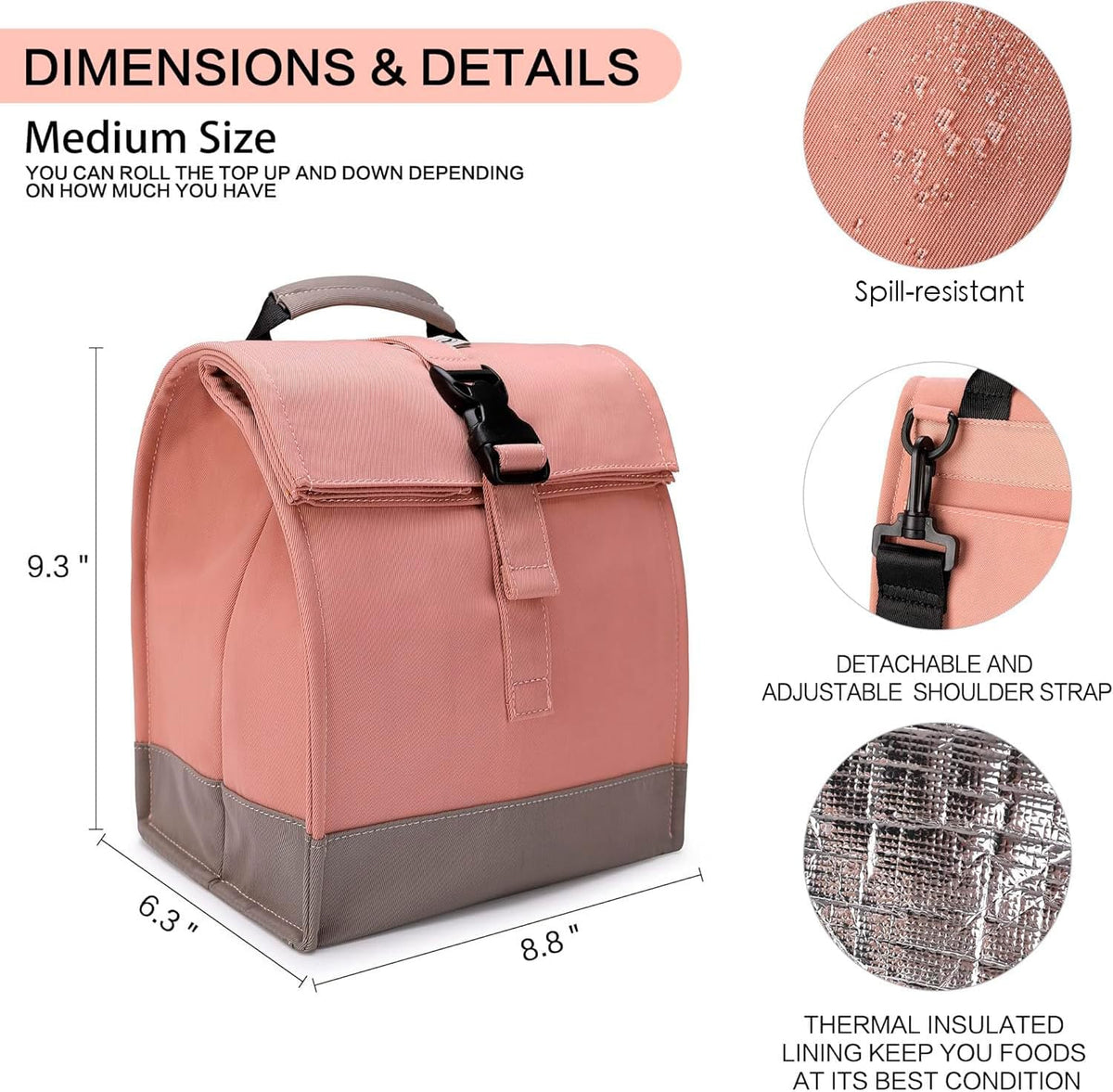 SUNNY BIRD Insulated Lunch Bag Pink Lunch Box Small Cooler Bag for Women, Girls, Adults and Teens (Pink with pink shoulder strap)