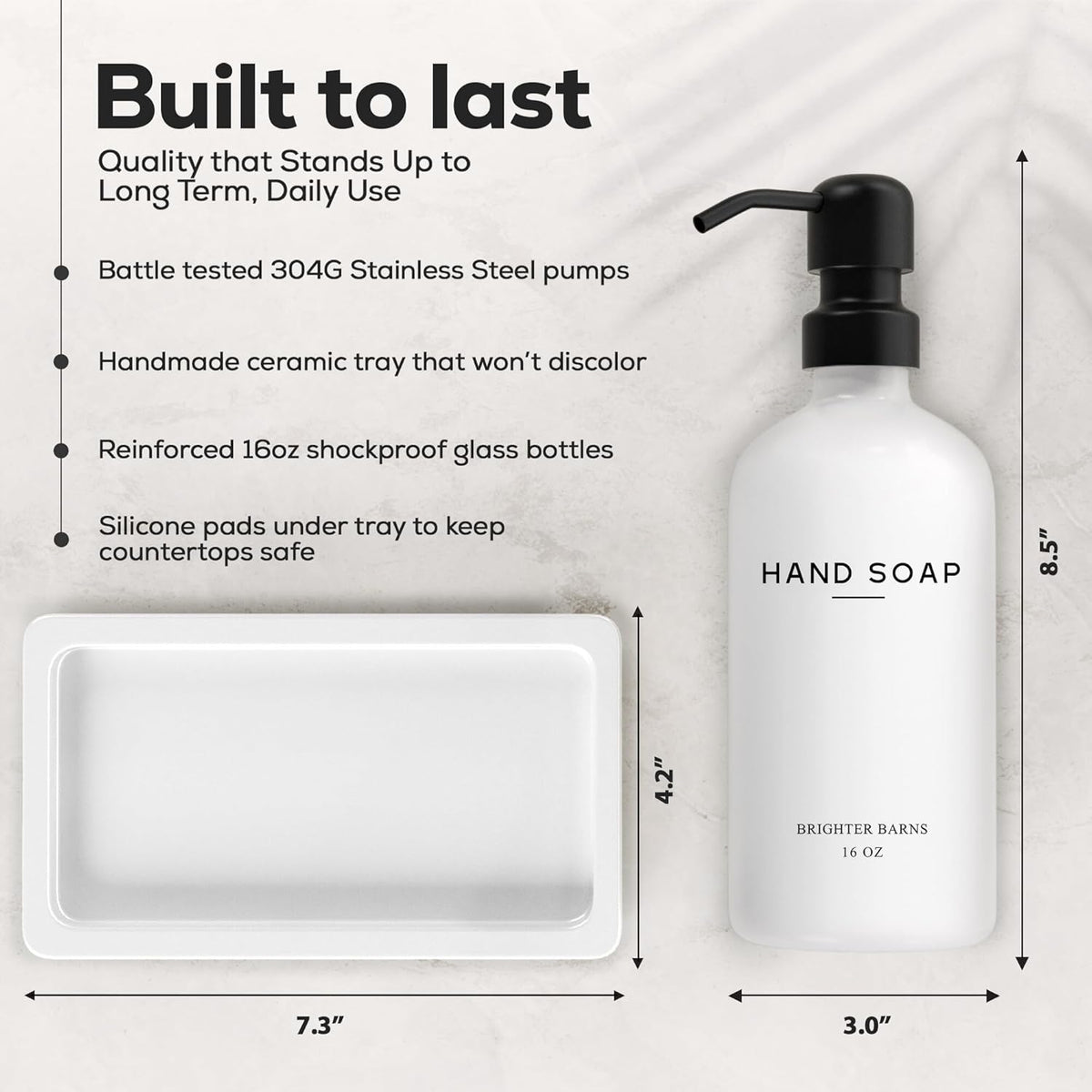 White Glass Soap and Lotion Dispenser Set with Tray by Brighter Barns - Hand Soap Dispenser Bathroom Set & Stainless Steel Pump for Home, Vacation Rental - Modern Bathroom Accessories & Decor (White)