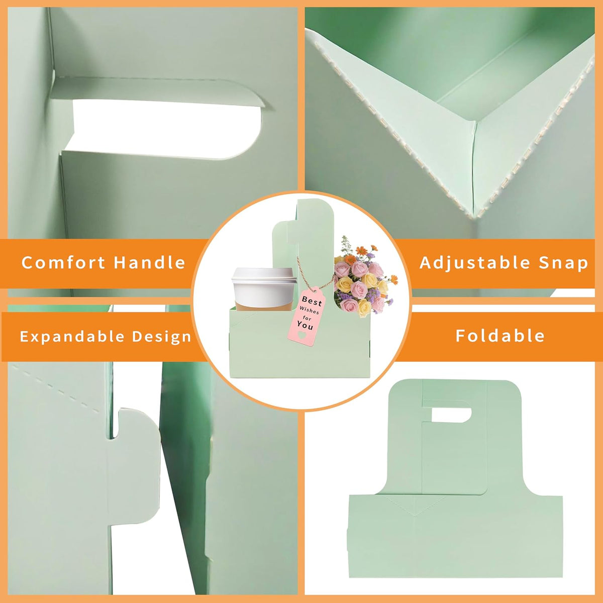 2 Cup Drink Carrier,32 Pack Coffee Cup Holders with Handle,Cardboard Cup Holders for Hot or Cold Drinks,Coffee Carrier with Ribbon and Card,Food Delivery Services and Bouquet(Green)