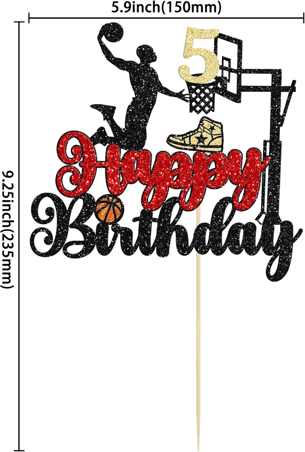 1Pc 5th Birthday Basketball Cake Topper Glitter Basketball Sports Theme Cake Pick for Baby Shower 5th Birthday Cake Decorations Party Supplies Black