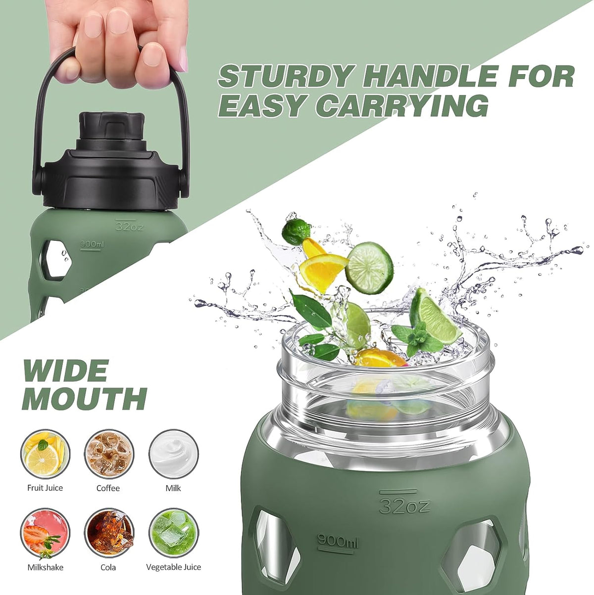 MUKOKO Glass Water Bottles, 32oz Glass Tumbler with Straw, Drinking Bottles with 2 Lids-Handle Spout Lid&Bamboo Straw Lid, Motivational Water Bottle with Time Marker and Silicone Sleeve, 1 Pack-Olive