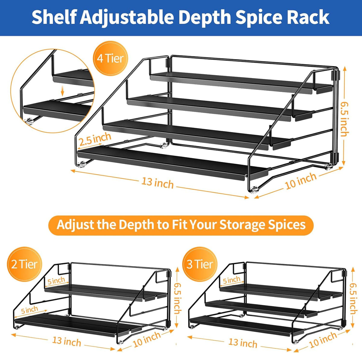 4 Tier Spice Rack Organzier, Spice Rack for Cabinet, Adjustable Depth Seasoning Shelf for Countertop, Pantry, Seasoning Organizer, Metal, Black (2 Pack)