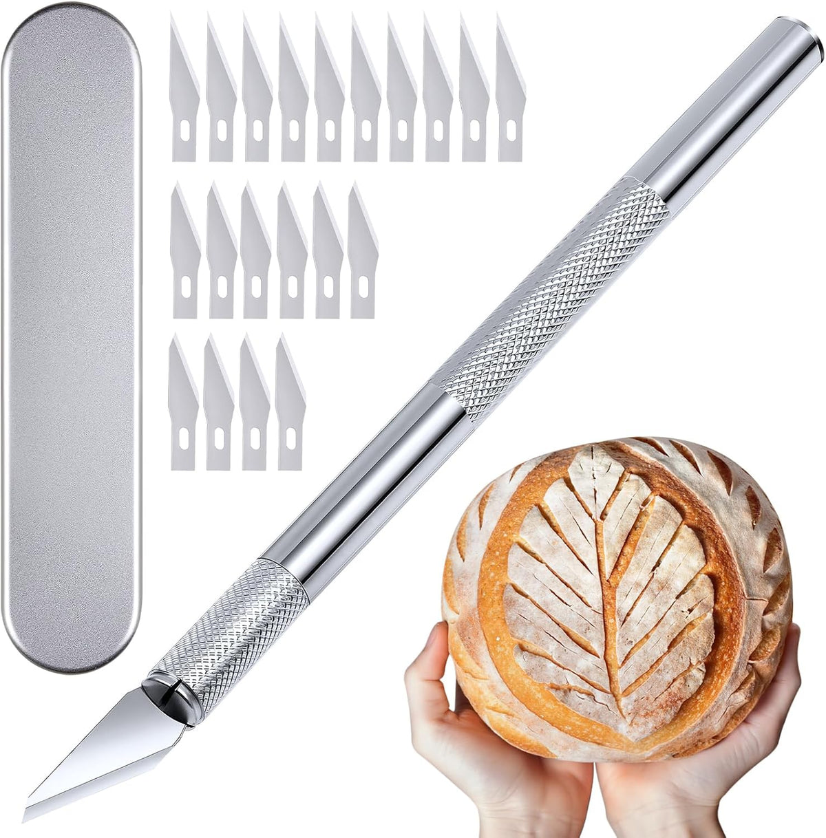 Bread Lame Dough Scoring Tool – Artisan Sourdough Scoring Knife Kit with 21 Replaceable Razor Blades & Ergonomic Stainless Steel Handle, Premium Aluminum Storage Case for Home Bakers & Gifts
