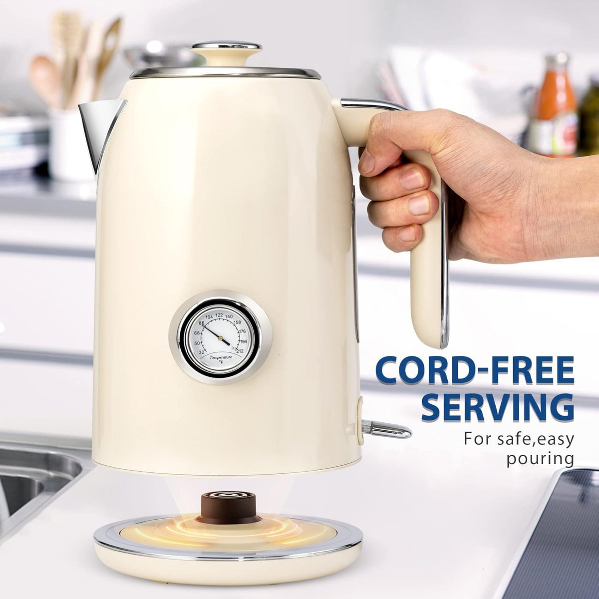 PUKOMC Electric Kettle, 1.7L Stainless Steel Tea Kettle with Temperature Gauge, 1500W Water Boiler with LED Light, BPA-Free, Auto Shut-Off and Boil-Dry Protection (Beige) Visit the Pukomc Store