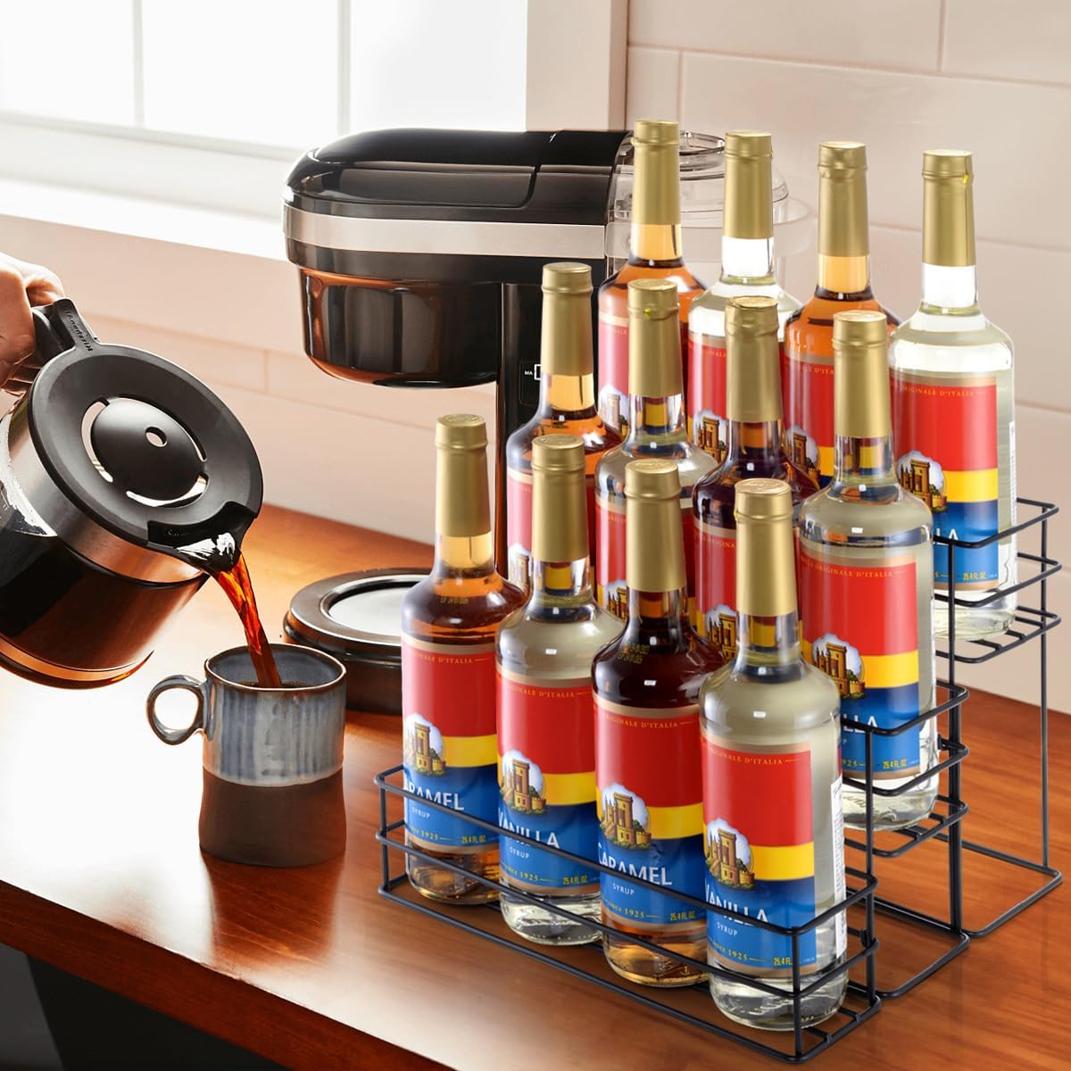 12 Bottle Capacity Coffee Syrup Organizer 3 Tier Coffee Syrup Stand Shelf for Coffee Bar Kitchen Small Wine Rack for Bar Family Storage for Syrup Wine Dressing