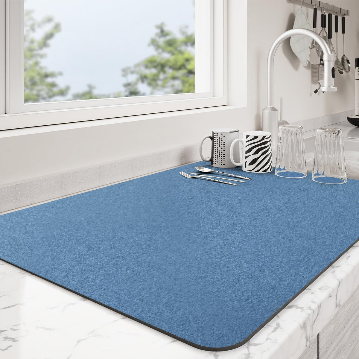 Dish Drying Mat for Kitchen Counter | Coffee Bar Mat for Countertops | Heat Resistant Drainer Mat with Non-slip Rubber Backed | Hide Stain Kitchen Absorbent Draining Mat | Blue 18"x32"