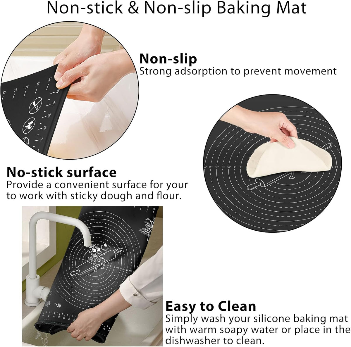 Silicone Baking Mat 28" x 20" Extra Thickness Dough Rolling Mat with Measurements and Edge Heightening, Non-stick Food Grade Silicone Pastry Mat for Pastry, Bread, Cookies, Pizza, Fondant, Pasta-Black
