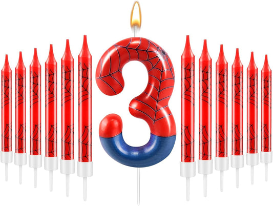 13 Pcs Spider Themed Birthday Candle Set Red Spider Theme Number 3 Candle Cake Topper for Boys Girls Birthday Decoration Spider Party Decoration Supplies (Number 3)
