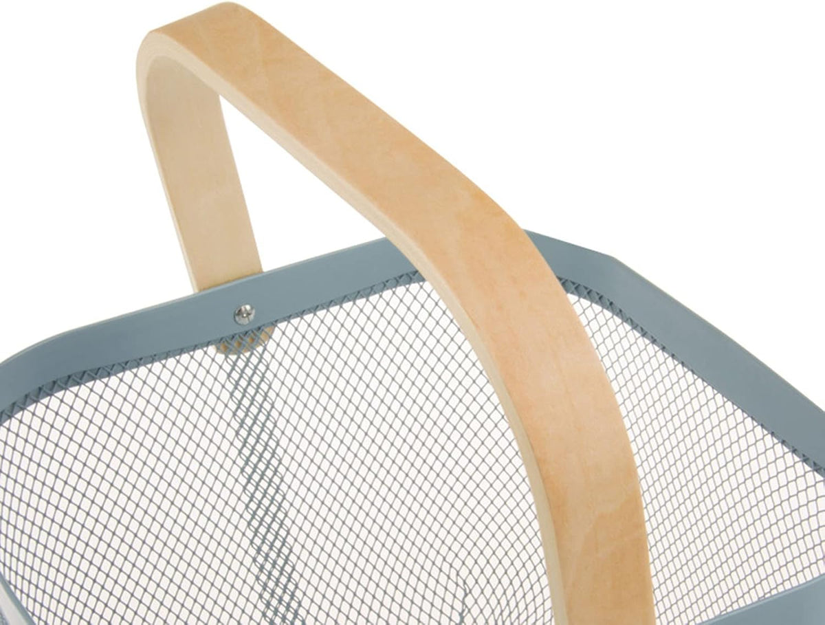 Metal Mesh Steel Basket, Storage Organizer Basket Multi-functional Hanging Kitchen Baskets Fruit Basket Bin with Bamboo Handle for Kitchen Bathroom Picnic Shopping Decor Cabinet Home, Blue