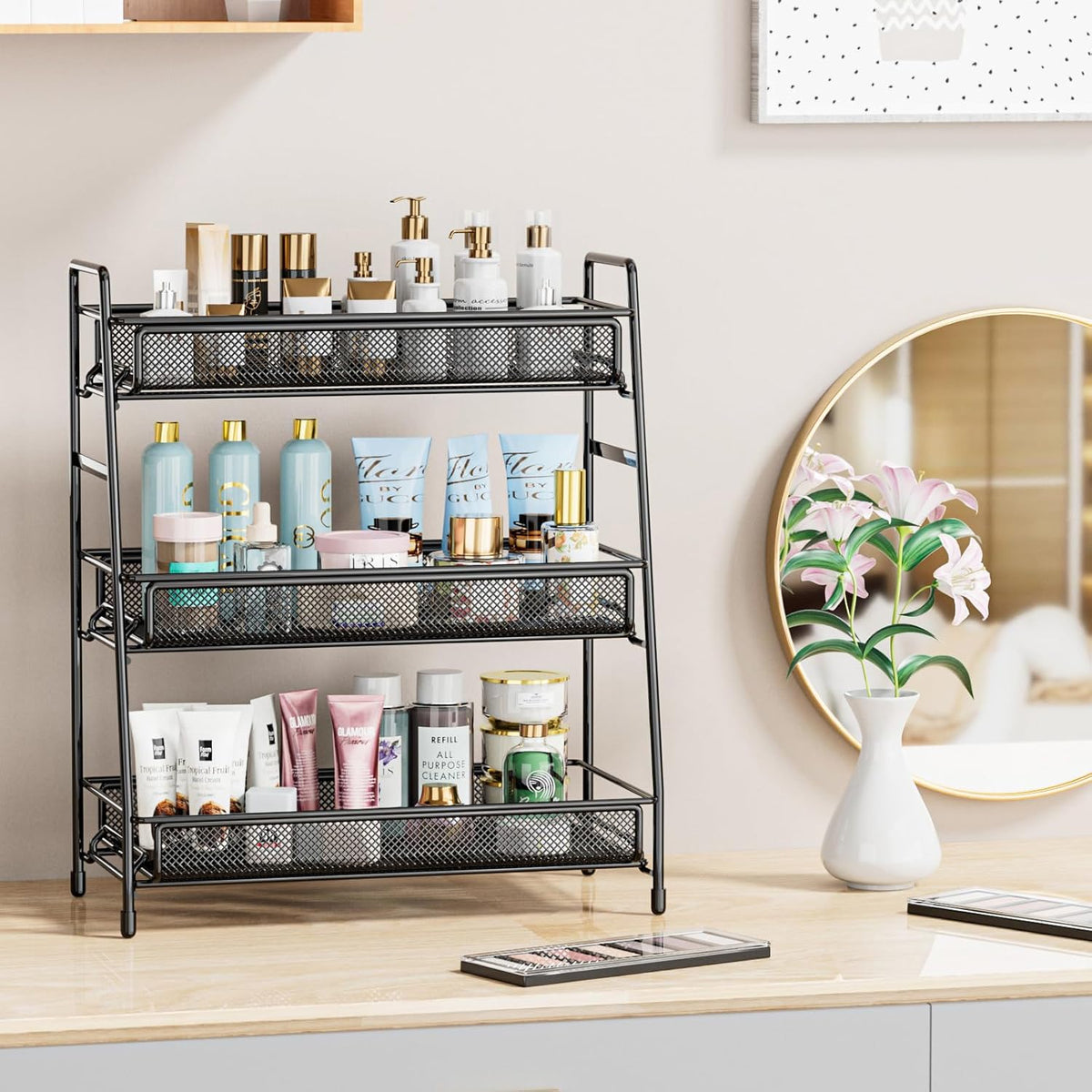 EKNITEY Bathroom Countertop Organizer Rack - 3 Tier Counter Spice Rack Metal Makeup Rack Small Perfume Vanity Organizer for Sink/Bedroom/Living Room/Kitchen/Office