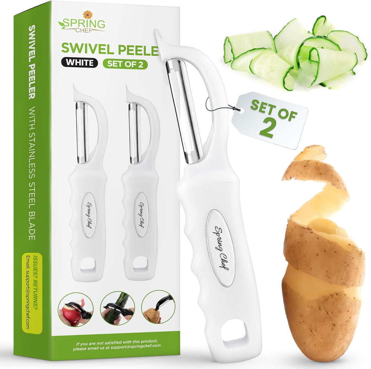 Spring Chef Premium Swivel Vegetable Peeler, Comfortable Handle and Ultra Sharp Stainless Steel Blades - Perfect Kitchen Peeler For Veggie, Fruit, Potato, Carrot, Apple - White - Set of 2