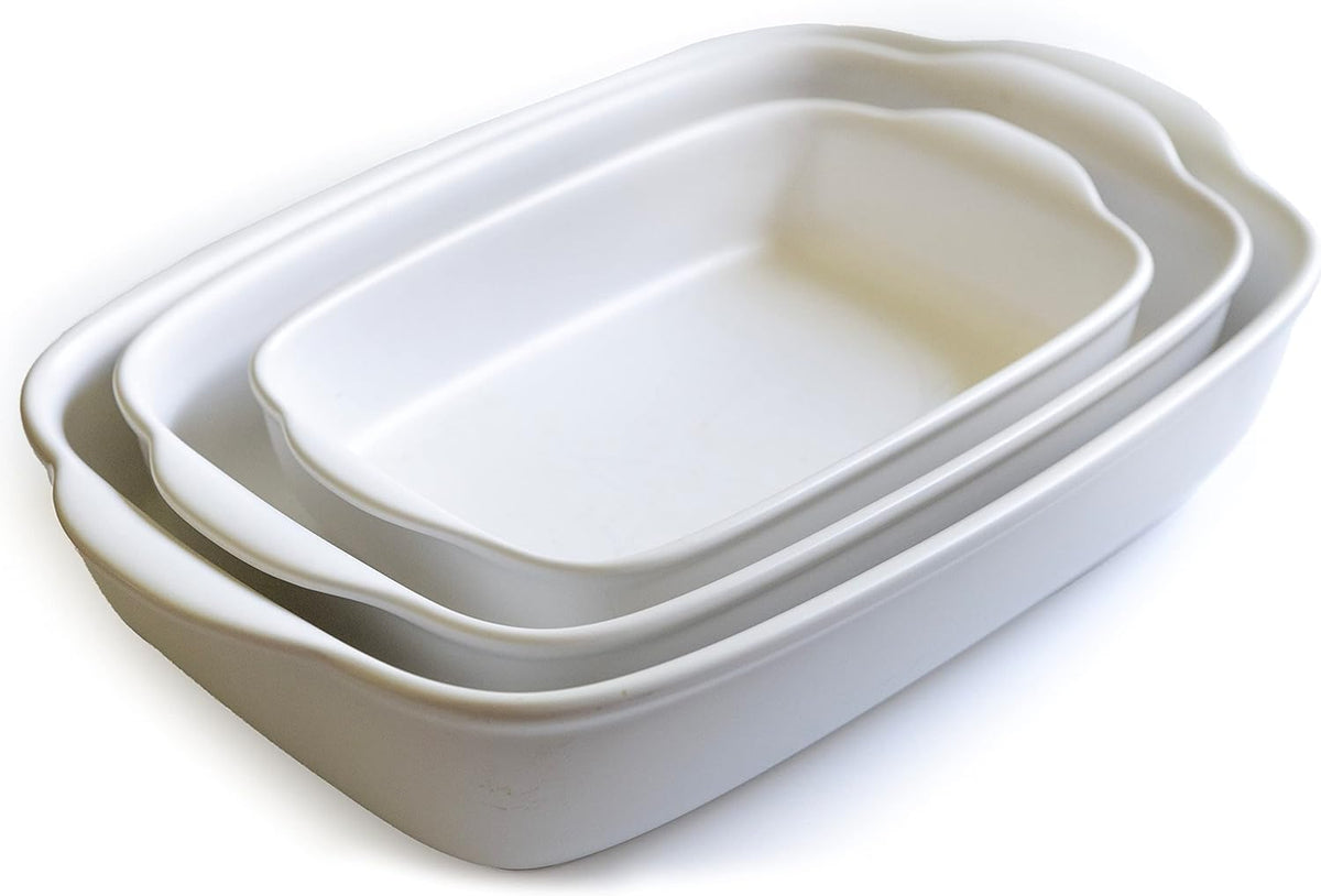 Saffron & Sage Casserole Dish Set of 3 - Baking Dishes for Oven, Contemporary White Ceramic Baking Dish Set, Heavy Duty Bakeware, Up to 500° High Heat Resistant, Dishwasher, Freezer and Food Safe
