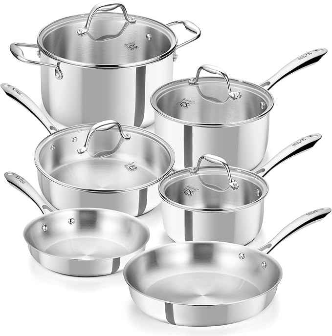 KOCH SYSTEME CS Tri-Ply Stainless Steel Cookware Set 10 Piece, Professional 18/10 Stianless Steel Pots and Pans Set, Oven & Induction Safe, Non-Toxic Kitchen Cookware Set for Family Cooking, 10pcs