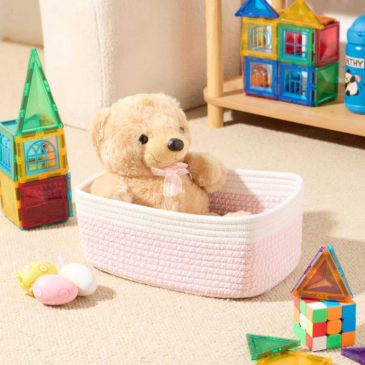 Small Storage Baskets for Organizing | Closet Organizer Bins | Shelf Toy Basket | Woven Rope Baskets | Cube Decorative Box | Shallow Basket | 11.5x7.5x4.7” | 4 Packs White Pink