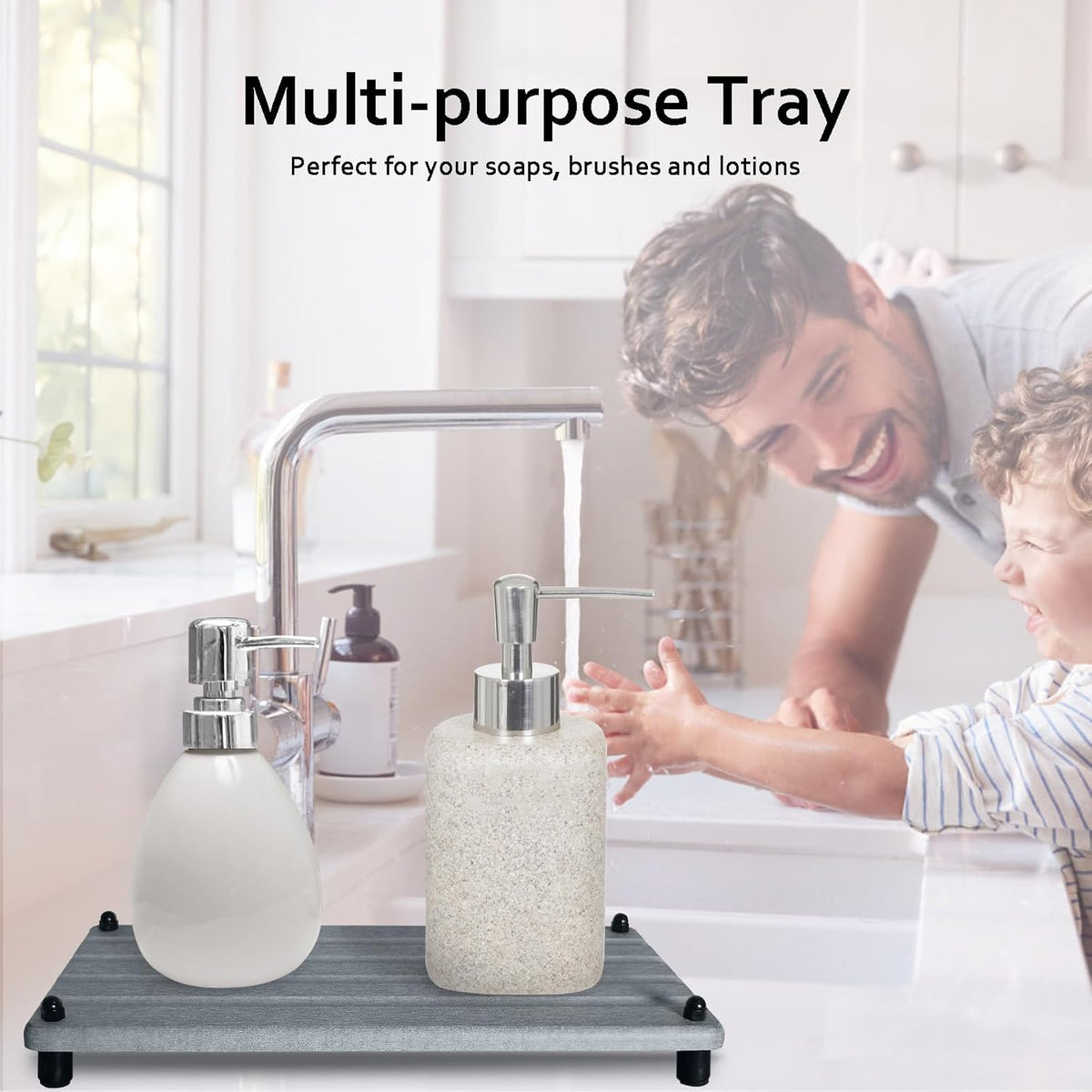 2 PCS Water Absorbing Stone Trays for Bathroom Counter, Fast-Drying Faucet Mat for Kitchen Sink, Diatomite Sink Caddy, Hand Soap Holder with Anti-Skid Feet (9.5" x 4.7" Gray)