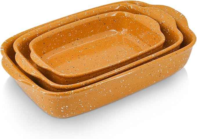 Ceramic Baking Dish Set of 3, Casserole for Oven,Rectangular Bakeware Dishes with Handles,Lasagna Pan Deep,Handcraft Speckle Stoneware Series (13.8''/12''/9.6''Orange)