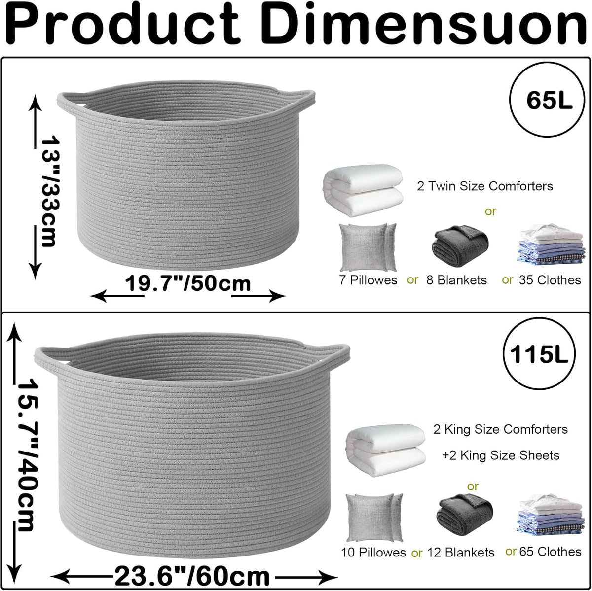 Large Blanket Basket for Organizing,115L Closet Organizers and Storage Bins Box for Shelves Woven Rope Storage Baskets,Living Room,Bedroom,Dorm,Laundry room (Light Grey)