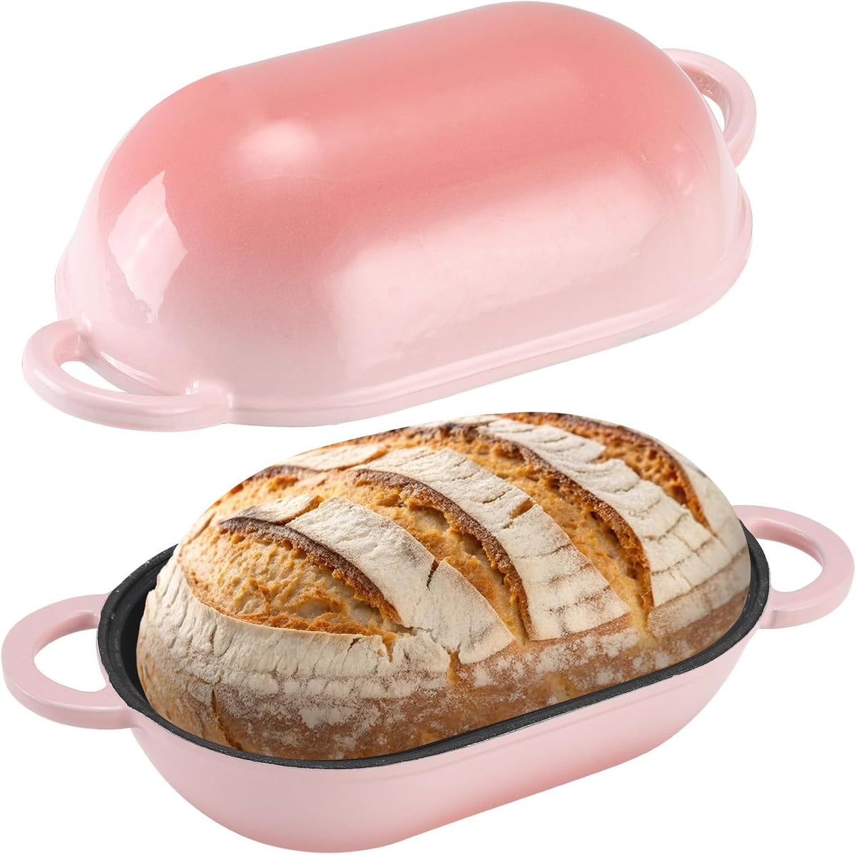 Enameled Cast Iron Bread Oven, 5QT Loaf Cast Iron Bread Pan with Lid, Oval Dutch Oven for Homemade Bread Baking (Gradient Pink)