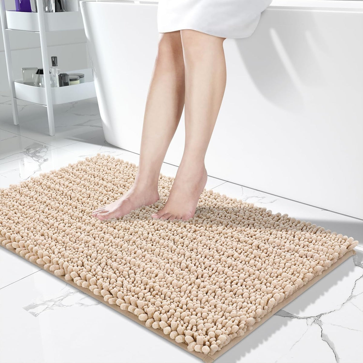 Yimobra Long Bathroom Rugs Non Slip Washable 44x24 Inch - Ultra Soft Absorbent Polyester Bath Mat, Quick Dry Shaggy Floor Carpet for Tub Shower, Light Brown Home Decor Accessories