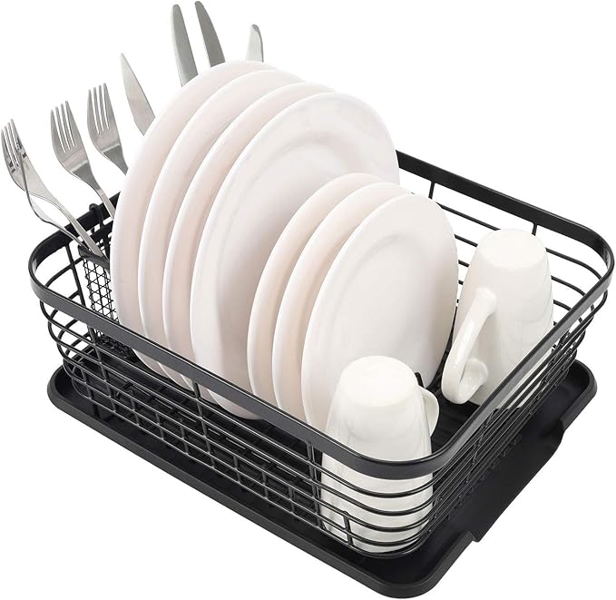 TQVAI Kitchen Dish Drainer Rack with Drying Board and Full-Mesh Silverware Utensils Holder, Black